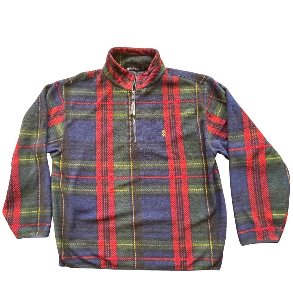 Nautica Mens NauTech Fleece Quarter Zip Pullover Plaid Blue Green Red Large